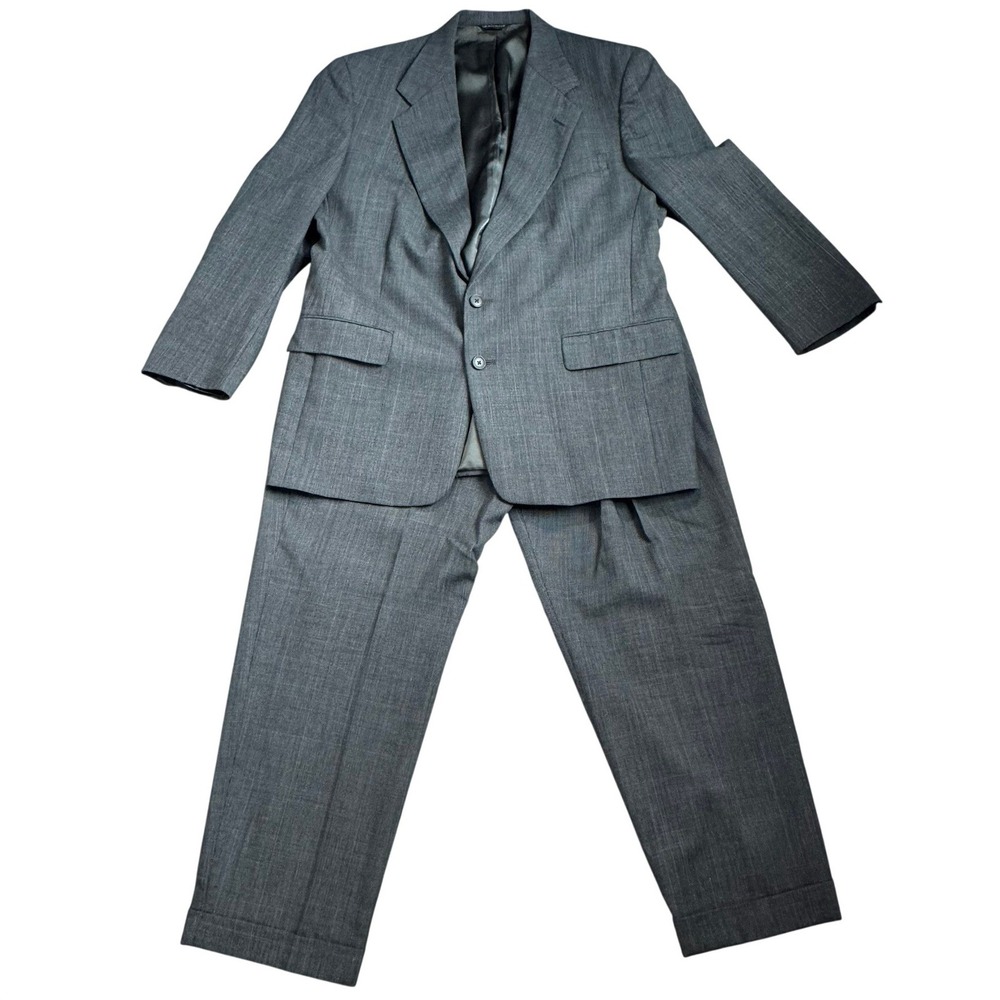 AUSTIN REED Mens 42R W36 Grey Wool 2 Piece Suit Set Pleated Cuffed Blazer Jacket